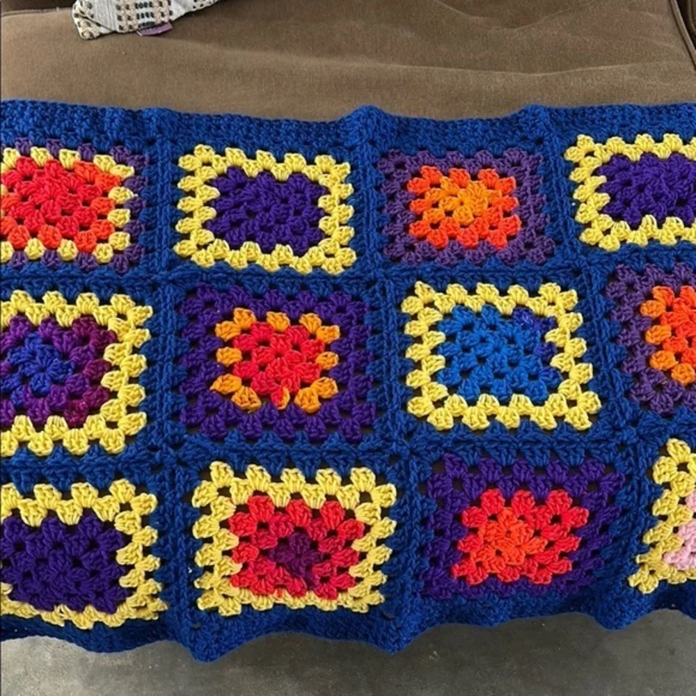 Handmade Granny Square Crochet Blanket Colorful Boho Cottagecore Lap Throw